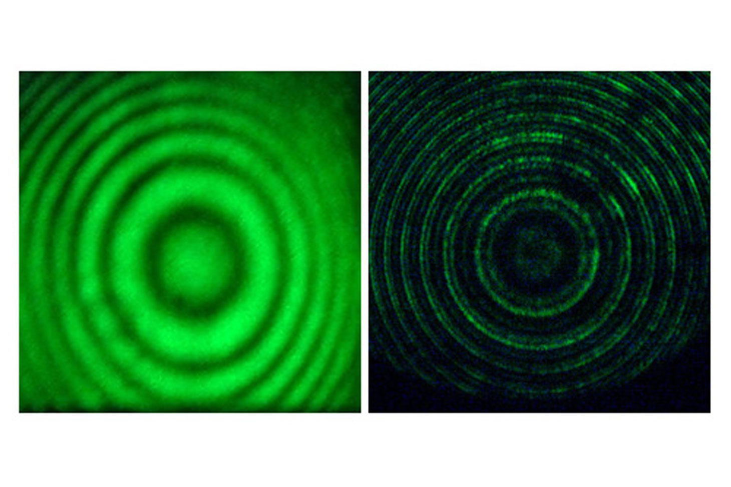 Anneaux obtenus avec un interféromètre de Michelson (à gauche) et de Fabry-Pérot (à droite), éclairés par un laser YAG doublé